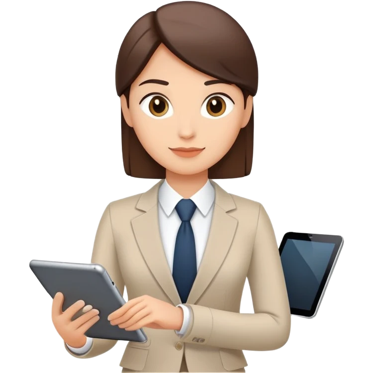 A flat-style illustration of a business executive confidently, holding a digital tablet or folder. The character wears smart business attire, clean cartoon style, white background, iOS emoji aesthetic. emoji