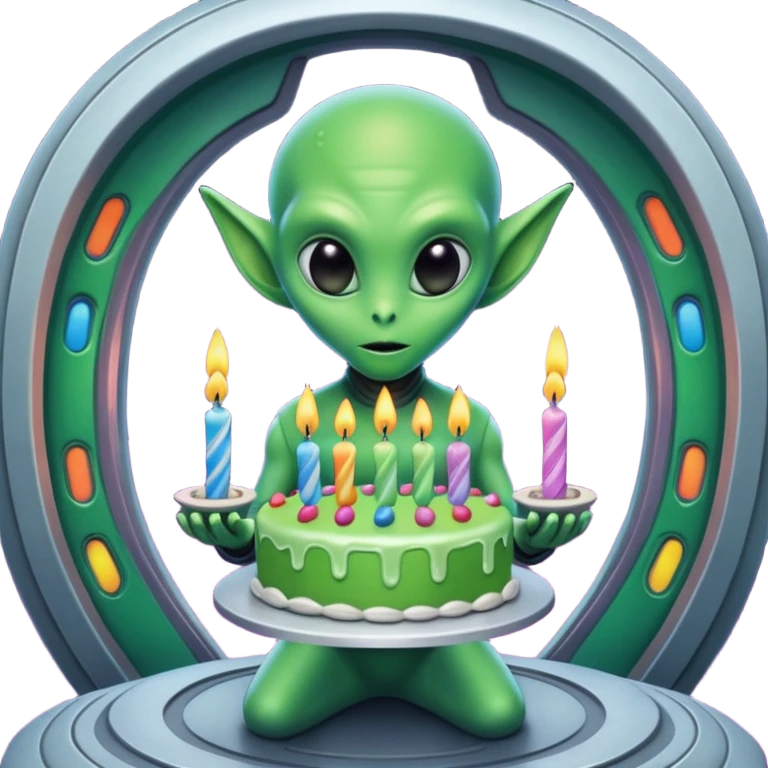 A detailed alien holding a colorful birthday cake with lit candles, standing inside a futuristic spaceship, cinematic lighting, ultra realistic textures, high resolution, dramatic shadows, sci-fi atmosphere
 emoji