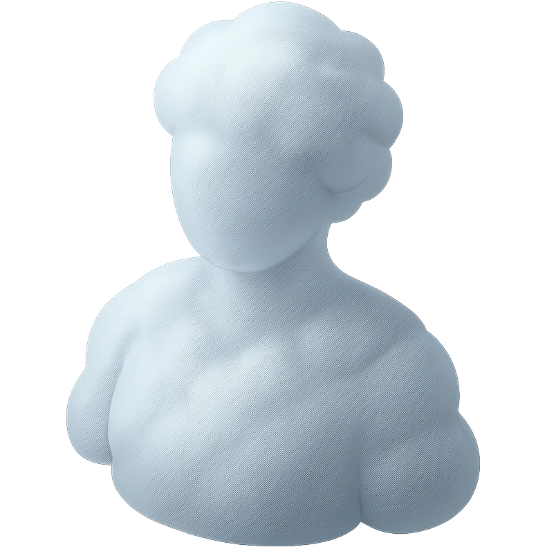 shoulder-up person fully made of white fluffy convex clouds, matte glass style emoji
