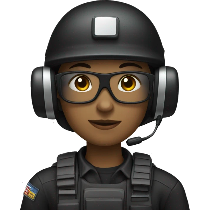 operator dressed in black with a milatary helmet, without glasses, wearing a headset, ready to respond to alerts, preferably female white emoji