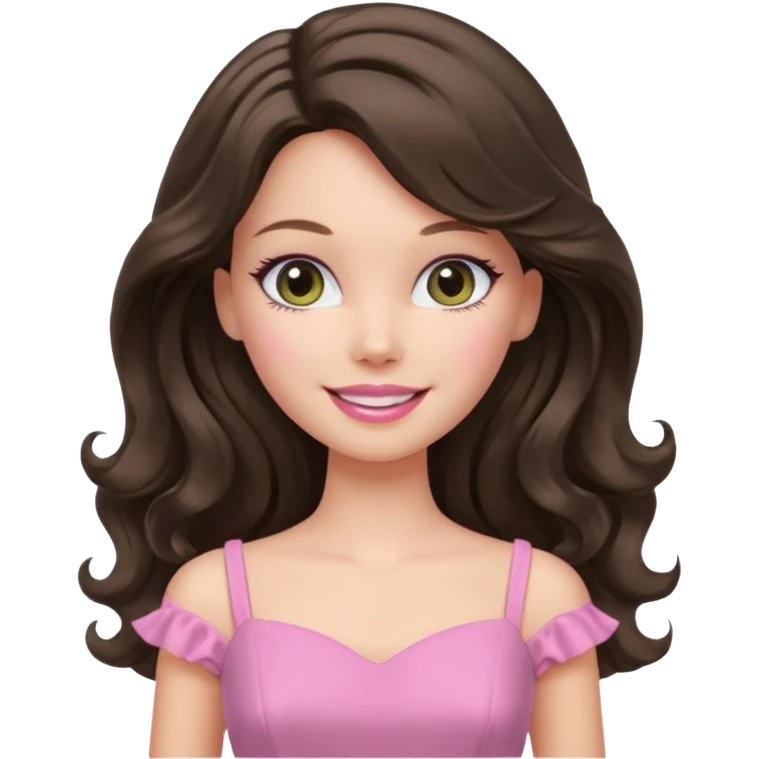 A white Barbie girl with long dark brown wavy hair in pale olive clothes pink and smail emoji