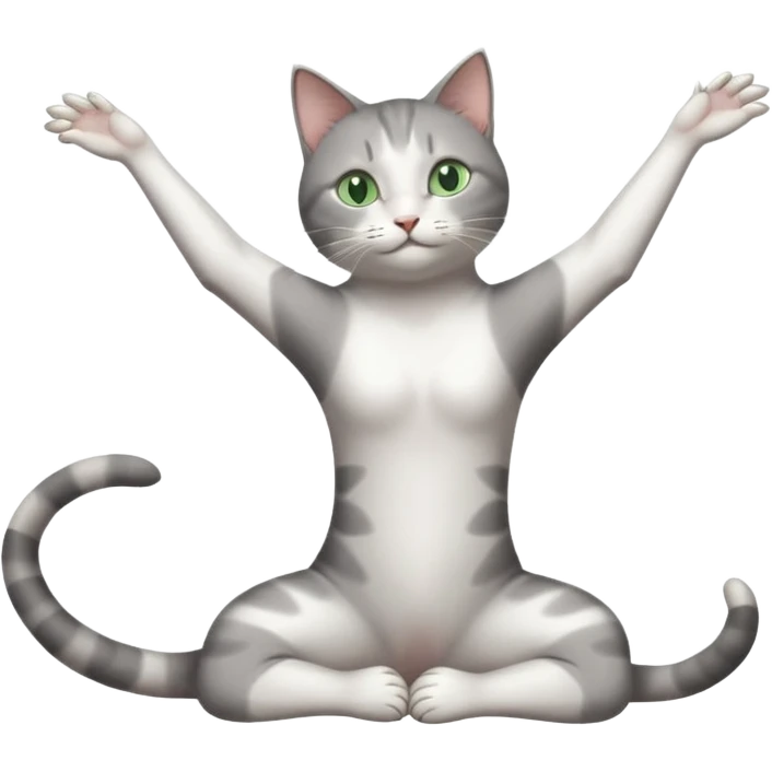 grey and white cat with green eyes doing a big extremely long stretch reaching up into the air with arms and legs side by side together straight and overextended emoji