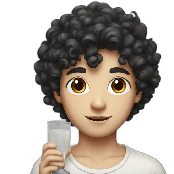 A portrait from the shoulders up of a pasty white teenage boy with dark black curly hair holding a chalice of milk emoji