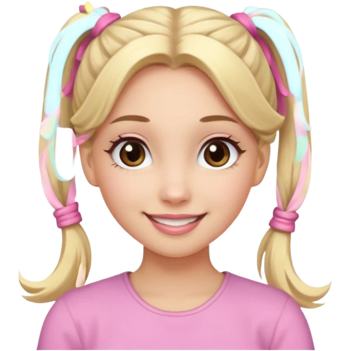a cute woman is smiling, her hair is long, blonde and two ponytails, her eyes color are brown and the color of her lip is soft pink emoji