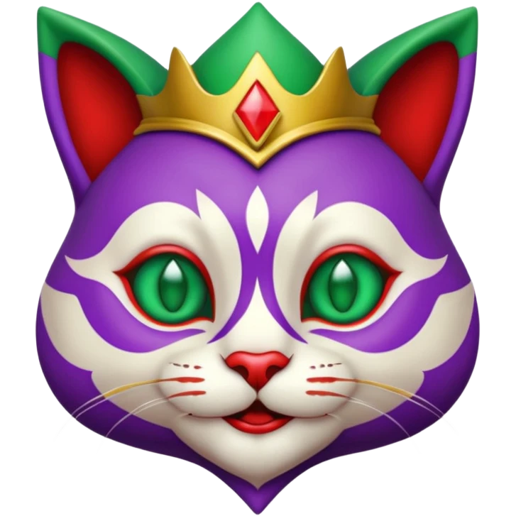 crazy colorful cute little cat jolly joker from poker, medieval, vintage, court jester, mac os icon, purple, gold and red color, half body, emerald green ice eyes. Squared shape as 3D mac os icon, symmetrical emoji