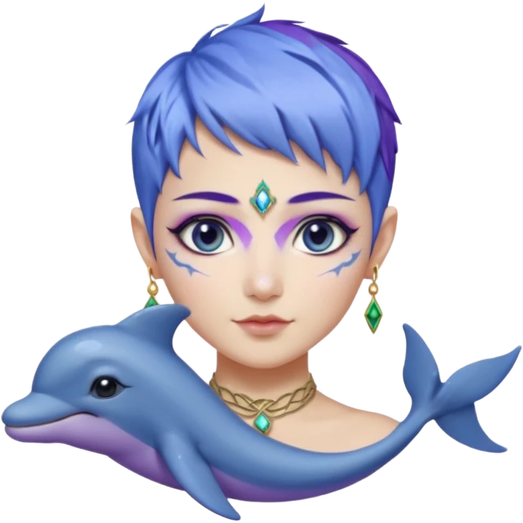 Frost wizard woman short pixie blue violet hair and cheek painted with a dolphin below eye with Asian eyes and Celtic jewelry emoji