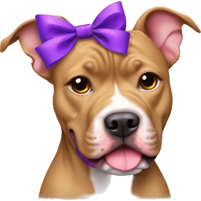 Light brown pitbull with ears cut and purple bows emoji