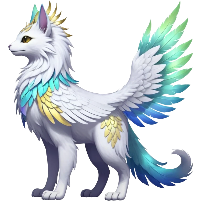 Ethereal Divine White Iridescent Colorful Exotic White, Gold, Yellow, Silver, Beaked Feathery Nocturnal Neon-glowing Abyssal Lightly Heaven-Cat-Gryphon-Suicune-Nargacuga-Silvally-Vernid-Sergal-Fakémon-Hybrid-Creature with tufted tail (full body) emoji