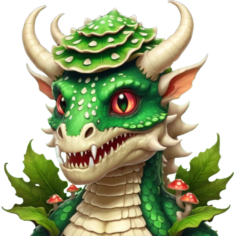 poisonous mushroom dragon beast portrait, head and shoulders only, face covered in mushroom plates, glowing green spores, fungal horns, mushroom cap scales, fantasy creature, 3D cartoon, mobile game icon style, clean background, no text, no watermark

 emoji