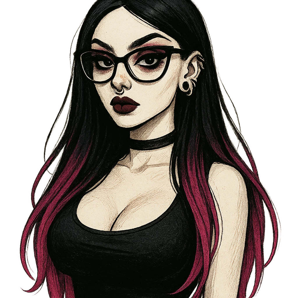 stylized portrait of a pale girl with multiple piercings, long black hair with pink tips, dramatic makeup, glasses, and prominent bust emoji