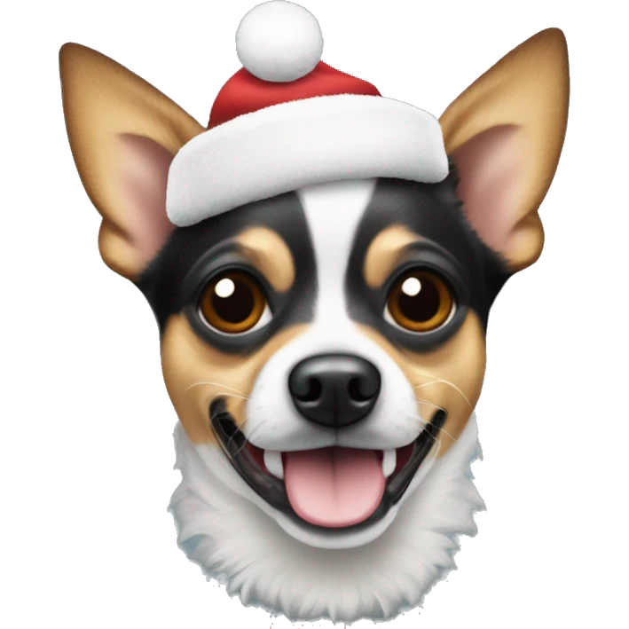 a dog that's a cross between a chihuahua and a jack russel, black, with grey in the face that is wearing a christmas hat emoji