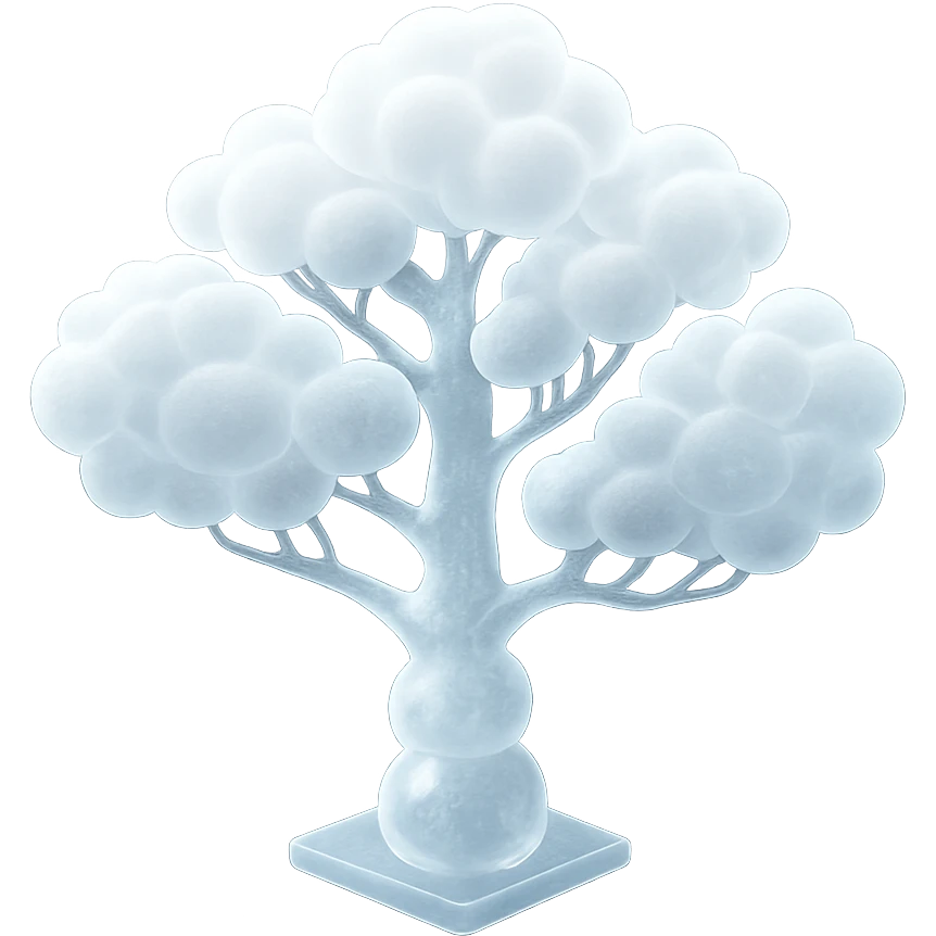 one tree with many branches, trunk made of small very bright white fluffy convex clouds, matte glass style emoji
