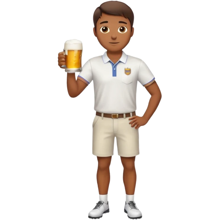 Handsome. Male. Happy. Brown short hair. Wearing white golf shirt and shorts. Drinking beer. Cheersing. Full body emoji