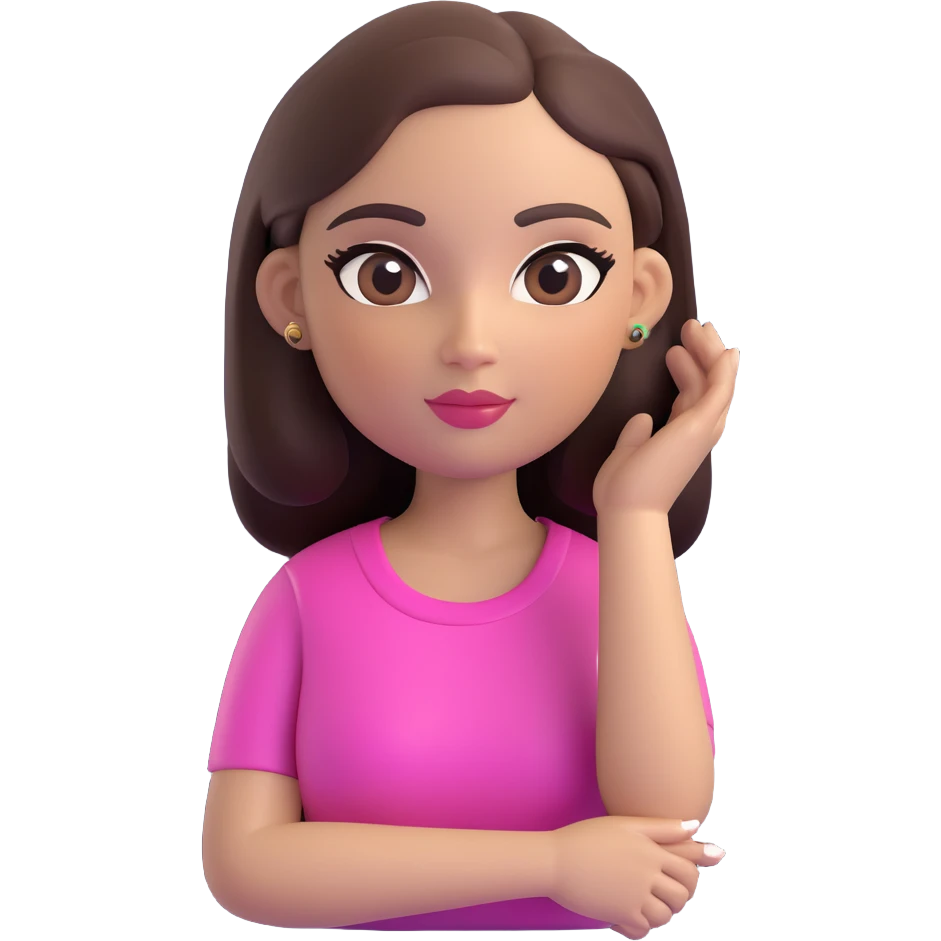 female memoji with oval face, warm light skin tone, rosy cheeks, elegant makeup with long eyelashes, eyeliner, soft pink lips, long straight dark brown voluminous hair, arched eyebrows, dark brown eyes, colorful top, small tattoo on arm emoji