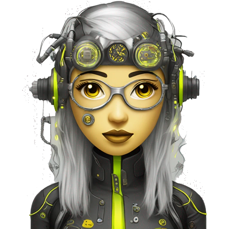 Neon yellow bobbed hair Asian female cyborg head with silver steampunk goggles and circuits emoji