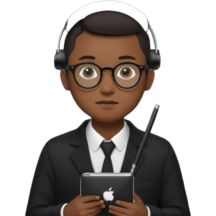 a asia man guy his 20s wearing an apple notebook, wearing bodyguard radio operator, round glasses, blackclothes emoji