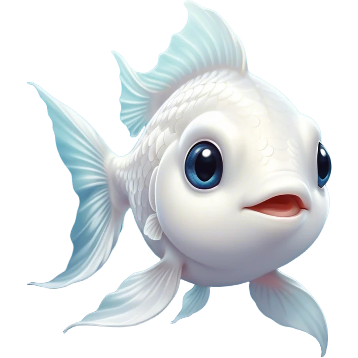 Cinematic Cute White Goldfish Portrait Emoji, Head tilted playfully and inquisitively, featuring a glossy, pure white body with delicate, shimmering scales and round, sparkling pale eyes filled with curiosity, Simplified yet irresistibly adorable features, highly detailed, glowing with a warm, friendly glow, high shine, affectionate and lively, stylized with a touch of whimsy, bright and endearing, soft glowing outline, capturing the essence of a mischievous yet loving goldfish, so playful it feels like it could swim out of the screen and into your heart! emoji