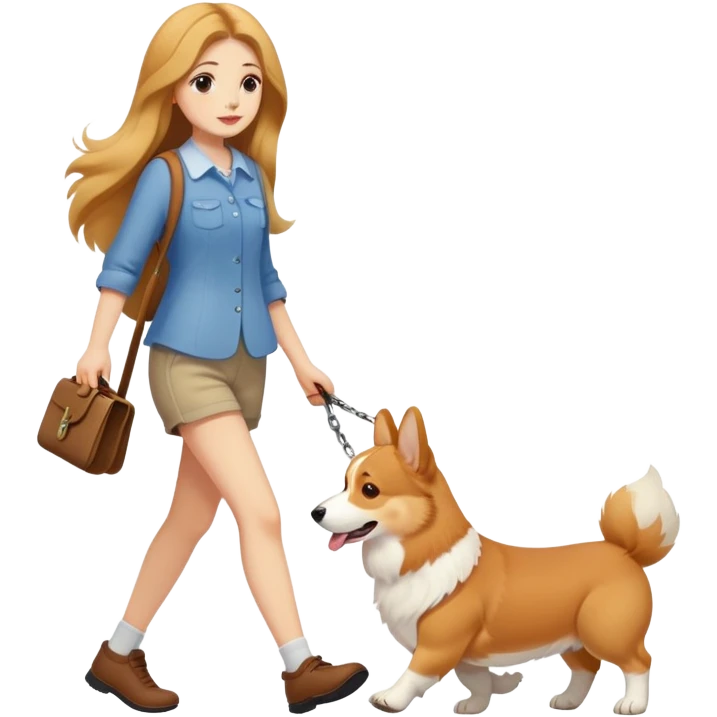 A long-haired girl walking a corgi emoji