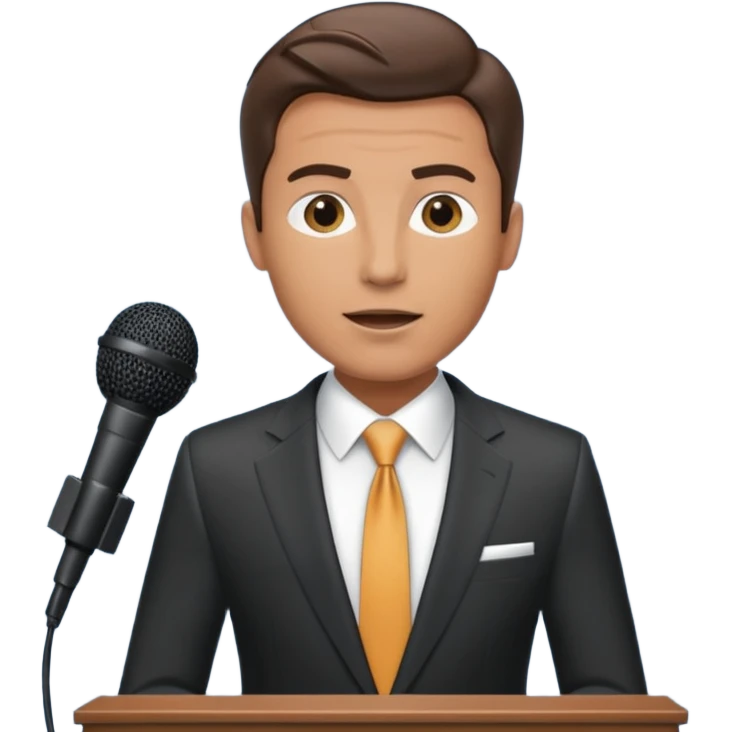 A man speaks into a microphone, and there is a prompter screen in front of him. emoji