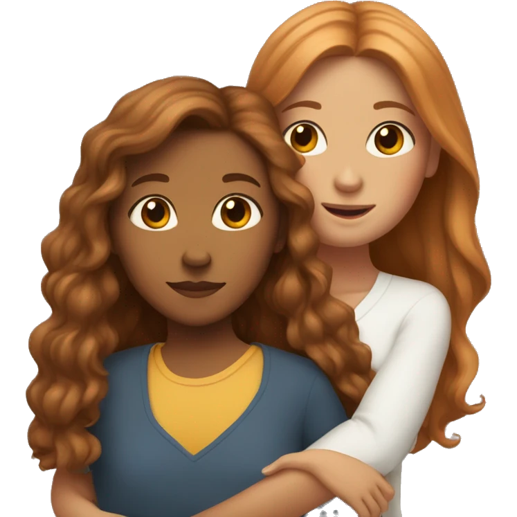 Brown skin with long hair mom and white skin with ginger hair daughter hugging  emoji