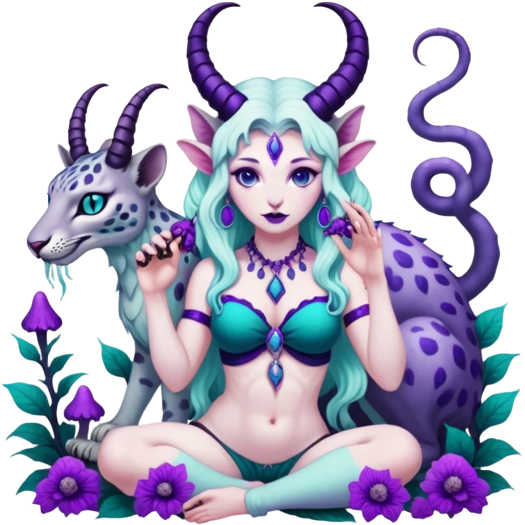 Feminine Scorpio Baphomet standing among trippy purple and teal mushrooms.. she’s petting a snow leopard  and holding a scorpion  emoji