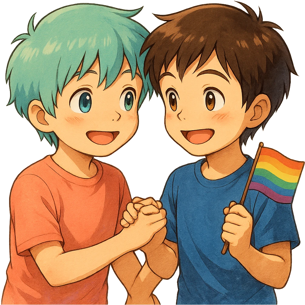 Anime boy holding hands with another boy, both smiling, subtle pride theme, vibrant colors, no background, warm and joyful atmosphere, detailed anime style with bright and lively colors. emoji