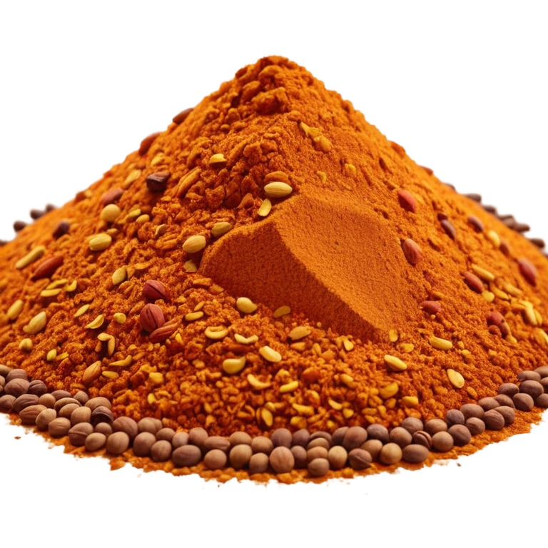 mound of Ras el Hanout spice mix, deep golden amber reddish-brown orange tones, fine grainy, visible colored specks, dry aromatic, clean 3D style emoji