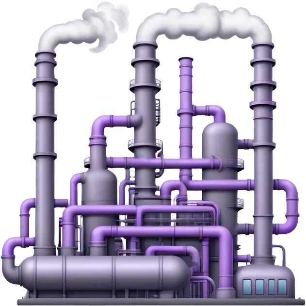 An emoji of an industrial factory in realistic gray tones, with pipes and smokestacks. Subtle neon violet glowing accents represent the power of AI, adding a futuristic and magical touch emoji
