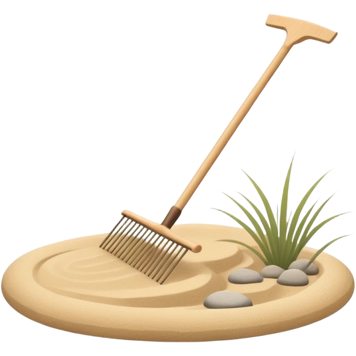 Minimalist emoji of a Japanese zen garden rake, elegant thin lines, light wood tone, sand-beige palette, flat vector style, calm and balanced aesthetic, inspired by zen tranquility, transparent background, premium minimal design emoji