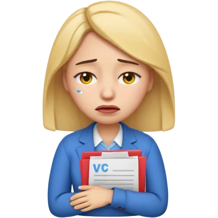  emoji character wearing a interview clothoes. face has a very sad crying, disappointed expression with drooping eyebrows and half-closed eyes. posture is dejected, with slumped shoulders. just rejected from  interview to get a job, holding CV. dont make it old person and make it woman. emoji