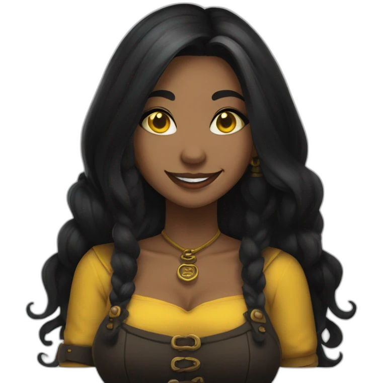 a woman, curvy, long black hair, yellow eyes, a septum piercing, tattoos, a black and yellow tavern keeper outfit, she laughs emoji