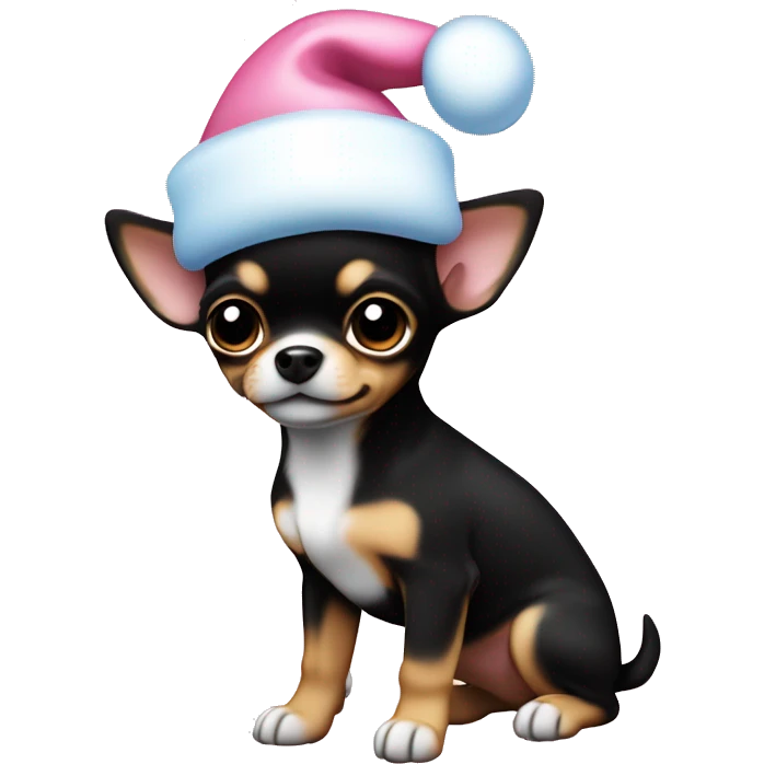 black & tan chihuahua puppy full body light blue eyes pink christmas hat on emoji