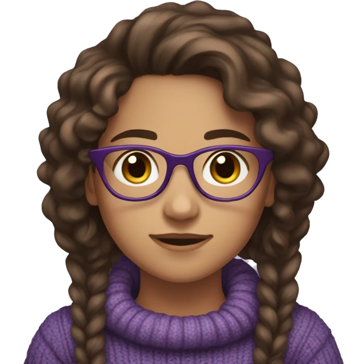 young girl, young hispanic, brown hair, long curly brown hair, brown eyes, purple winter sweater, glasses emoji