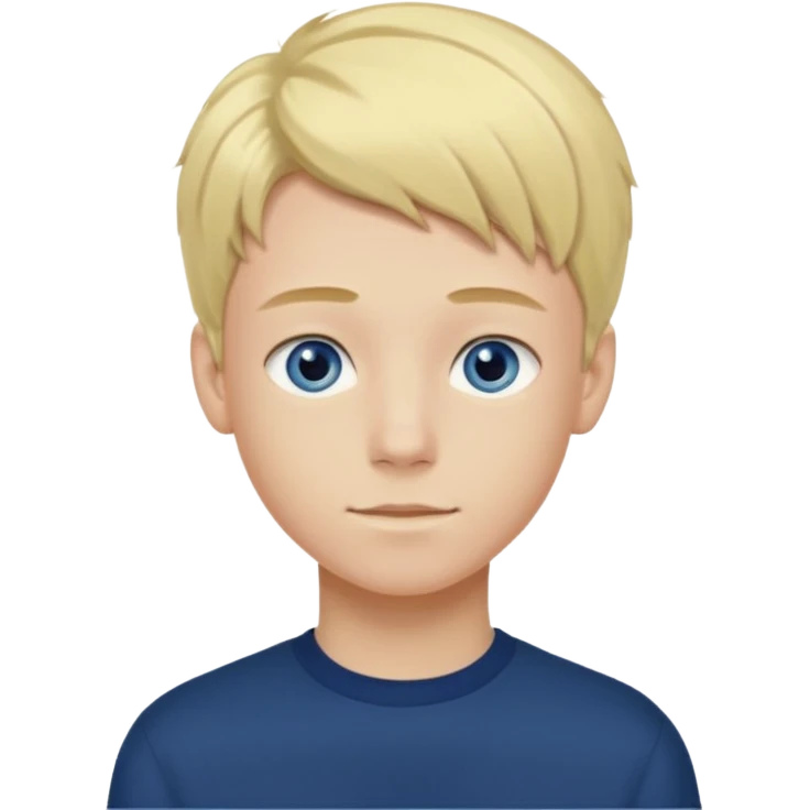 A portrait of a 14-year-old boy, he's got fair blond and yellowish ivy league hair, fair skin and blue eyes. he's wearing a dark blue longsleeve. he's calm. emoji