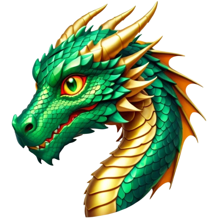 Cinematic Noble Dragon Portrait Emoji, Poised and majestic, with a sinuous, elongated build and shimmering, scale-covered skin in hues of emerald and gold, piercing, fiery eyes, Simplified yet sharp and sophisticated features, highly detailed, glowing with a mystical, radiant glow, high shine, intelligent and formidable, stylized with an air of ancient power, focused and attentive, soft glowing outline, capturing the essence of a watchful and legendary dragon that feels as though it could soar out of the screen with effortless authority! emoji