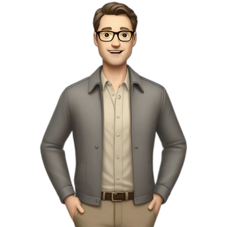 Full height Pale skinned Fit Man With dark brown hair in gray classic jacket, beige office shirt, Brown pants and vintage glasses. Thrumbs of his palms upwards emoji
