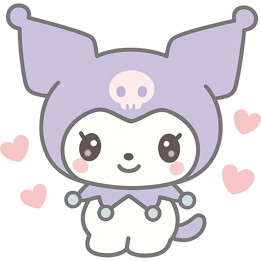 Kuromi character surrounded by small hearts, kawaii style emoji