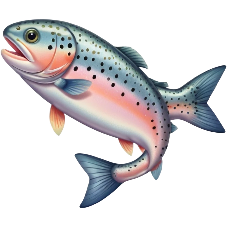 whole raw trout with slender elongated body, shimmering silver-gray skin speckled with dark spots, slightly iridescent scales, soft pinkish belly, intact fins, clear eyes, mouth slightly open, no plate or extras, soft lighting, subtle shadows, emoji scale emoji