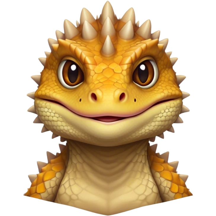 Cinematic Noble Bearded Dragon Portrait Emoji, Poised and regal, with a robust, angular build and a textured, scaled hide in earthy olive and sandy tones, a prominent spiky 'beard' beneath its chin and a keen, alert gaze, Simplified yet sharp and sophisticated features, highly detailed, glowing with a soft, dignified glow, high shine, intelligent and fierce, stylized with an air of desert majesty, focused and attentive, soft glowing outline, capturing the essence of a watchful and commanding reptile, so majestic it feels as though it could scuttle out of the screen with effortless authority! emoji