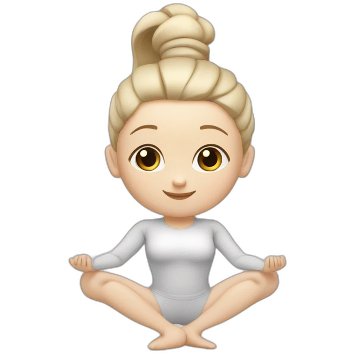 Pale skinned fit woman In a white tight yoga suit With ash blonde hair in a ponytail and gray eyes doing yoga emoji