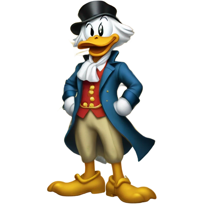 a slim successful looking scrooge mcduck standing atop a pile of money emoji