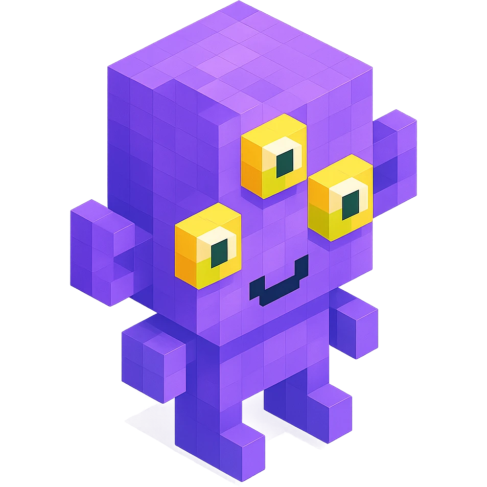 alien with three eyes, purple skin, isometric view emoji