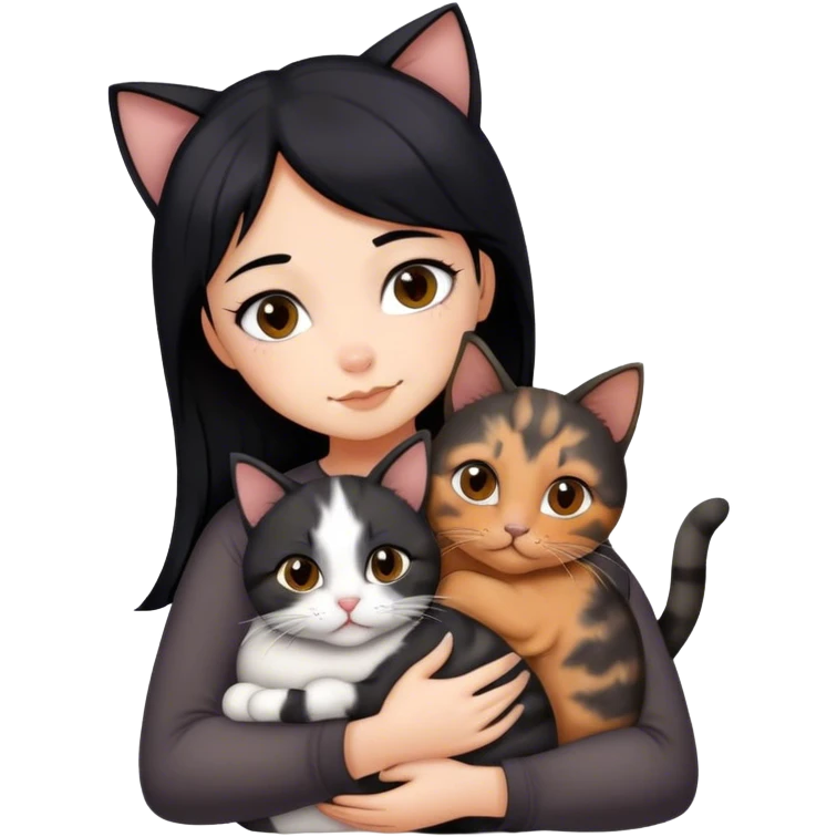 girl with black hair hugging three cats  (tortie cat, dark gray cat, brown calico cat) emoji