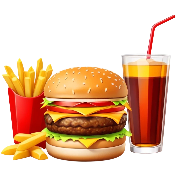 A burger and fries combo meal with drink, clean geometric 3D blocks style emoji