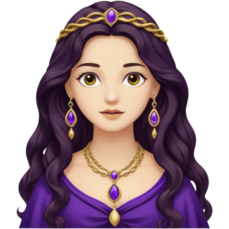 Proserpina from The Olympians with long dark brown wavy hair, dark purple stola emoji