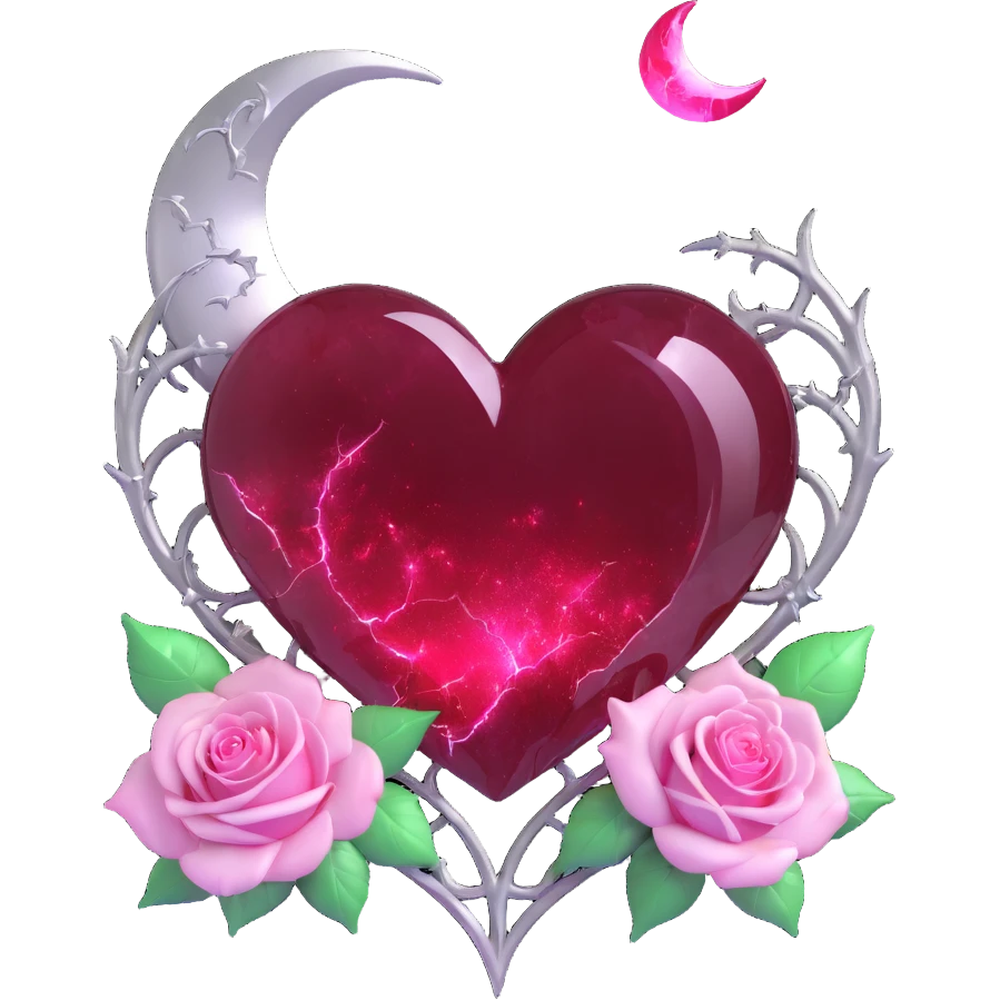 gothic heart made of ruby red glass, silver crescent moon, white roses, holographic stardust, neon pink lightning, drenched and splintered glass emoji