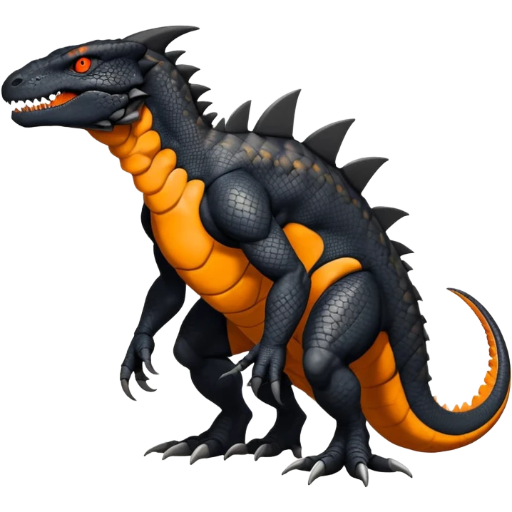 Black Salandit-Tyrunt-Greymon-Fakémon-creature-hybrid with orange belly (full body) emoji
