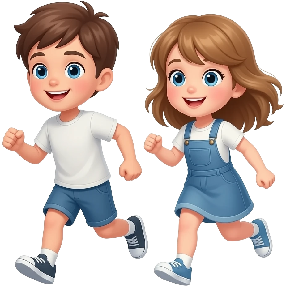 chico ychica corriendo, el chico castanyo i con pelo corto y la chica pelo suelto y un poco rubia pero castaño y los dos tienen ojos azules son hermanos emoji