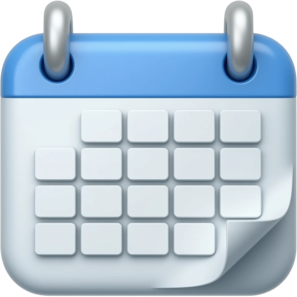 Create a 3D emoji icon of a calendar with no numbers, text, or dates — use square shapes resembling a table instead of dots or lines. Color palette: Deep blue (#00008B), Sky blue (#87CEEB), Sky white (#F5F5F5), Coastal grey (#808080). shadows 3D effect, clean, modern look. emoji