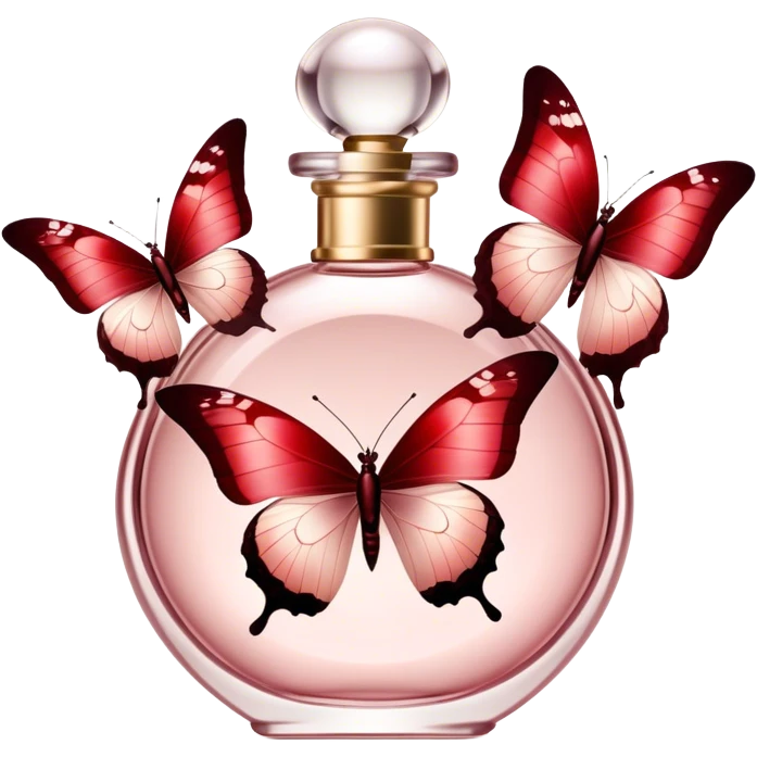 A luxurious glass perfume bottle in Soft Blush, reflecting soft light, as Crimson and Burgundy butterflies dance around it, creating an enchanting and ethereal atmosphere. emoji